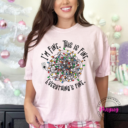 Tangled Christmas lights and Everything's Fine lettering on a Blossom tee.