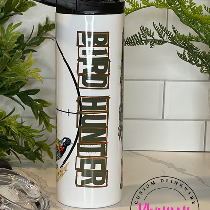 White tumbler with 'Bird Hunter' text and a detailed rifle and duck design