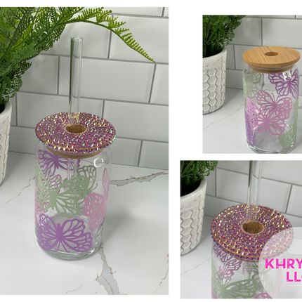 Summer Butterfly Glass 16oz Libbey Cup with Glass Straw