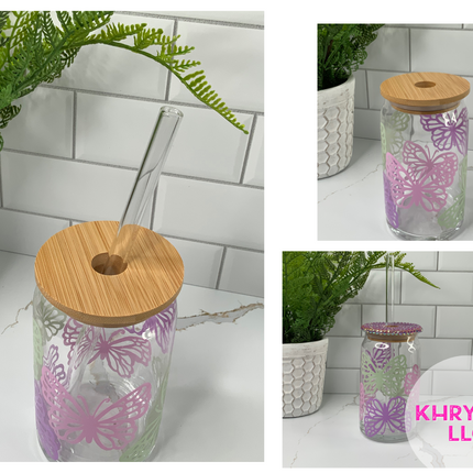 Summer Butterfly Glass 16oz Libbey Cup with Glass Straw