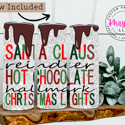 Hot Chocolate & Faux Glitter 20oz Christmas Tumbler with Straw