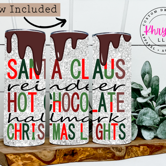 Hot Chocolate & Faux Glitter 20oz Christmas Tumbler with Straw