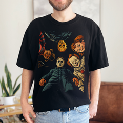 Unisex Halloween T-shirt featuring classic horror movie icons