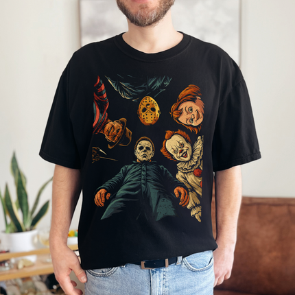 Unisex Halloween T-shirt featuring classic horror movie icons