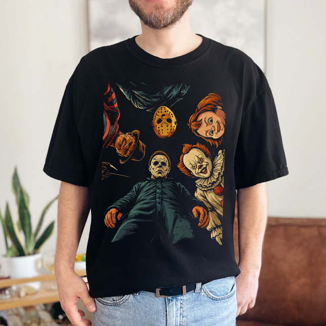Unisex Halloween T-shirt featuring classic horror movie icons