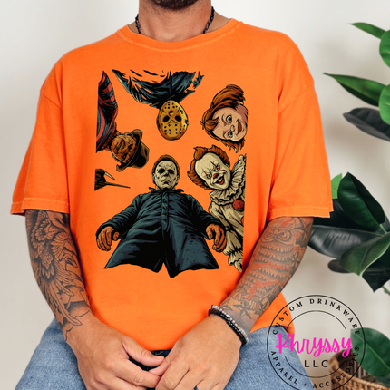 Orange graphic tee with famous horror characters