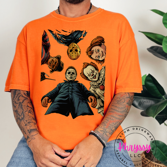 Orange graphic tee with famous horror characters