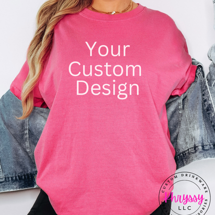 Woman wearing a Crunchberry Comfort Colors tee ready for your custom print design