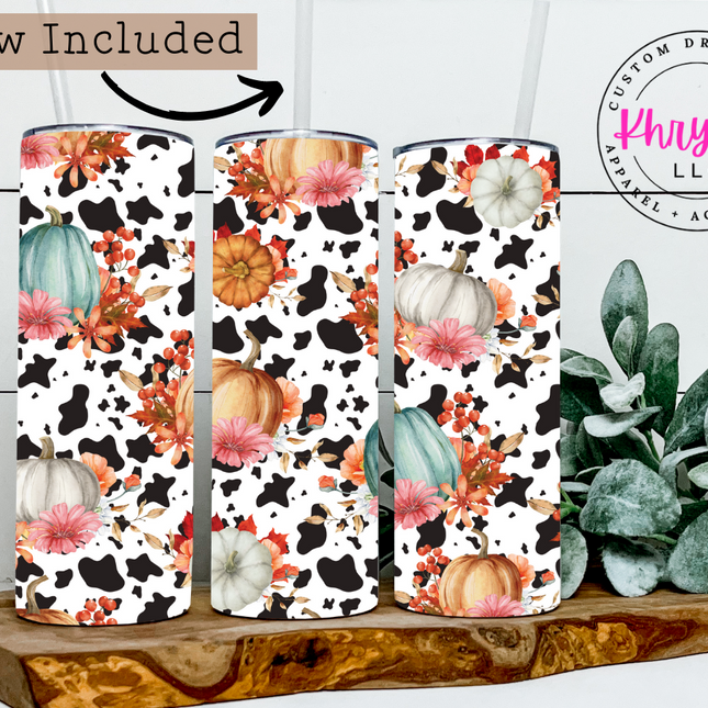 Cow Print Fall Pumpkin 20oz Tumbler with Straw