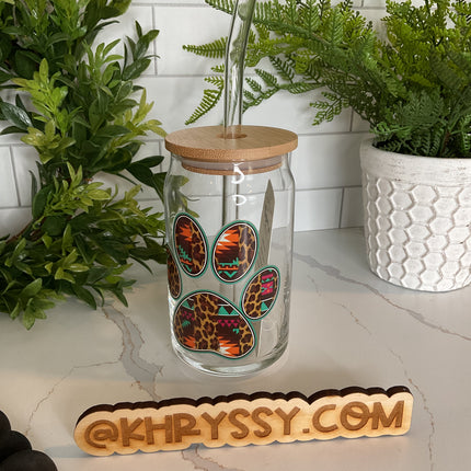 Pawfect Aztec Paw Print: 16oz Libbey Glass with Straw