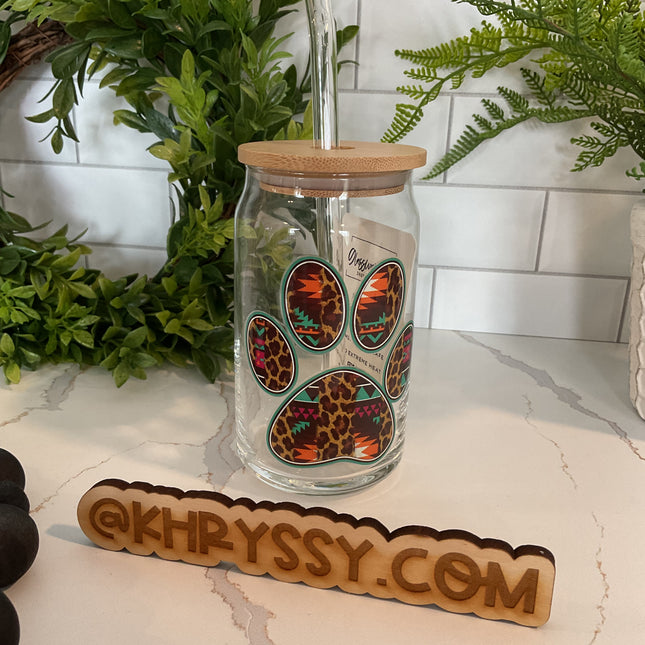 Pawfect Aztec Paw Print: 16oz Libbey Glass with Straw