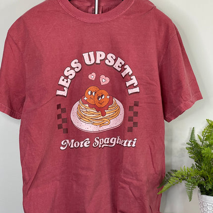 KhryssyLLC 'Less Upsetti More Spaghetti' T-shirt: Features a fun, cartoon design of spaghetti and meatballs with heart details. Perfect for food lovers.