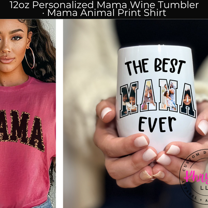 Personalized Mama Leopard Print Gift Set - 12oz Mama Wine Tumbler and Comfort Colors Shirt for the Stylish Mom!