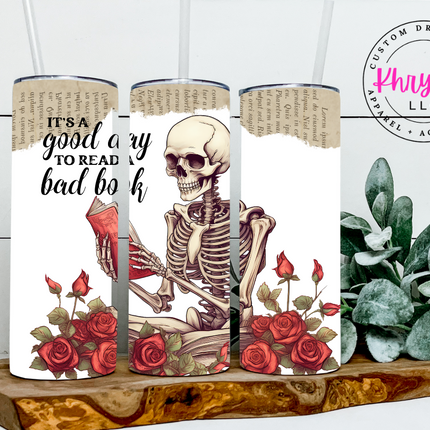 Roses & Pages Skeleton Reading 20oz Tumbler with Straw