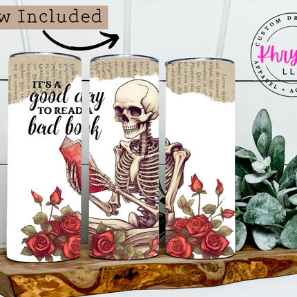 Roses & Pages Skeleton Reading 20oz Tumbler with Straw