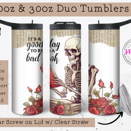 Roses & Pages Skeleton Reading 20oz Tumbler with Straw