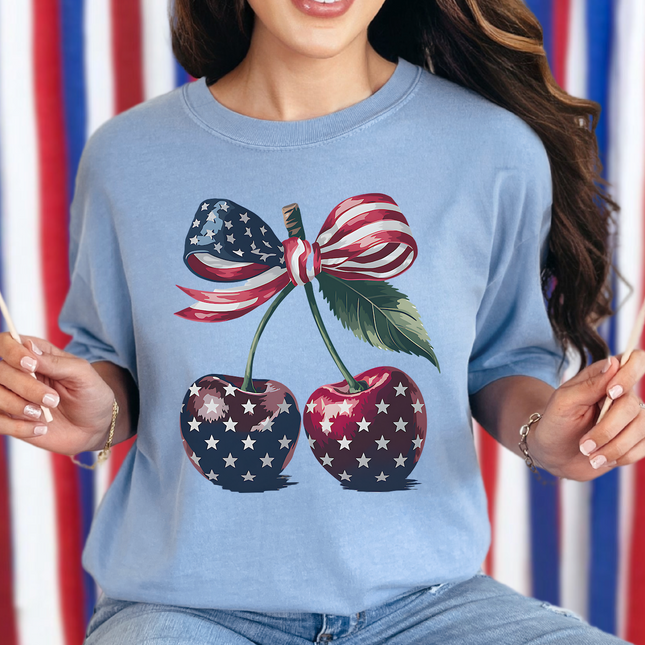 Patriotic Cherry T-Shirt – American Flag Star & Stripe Design