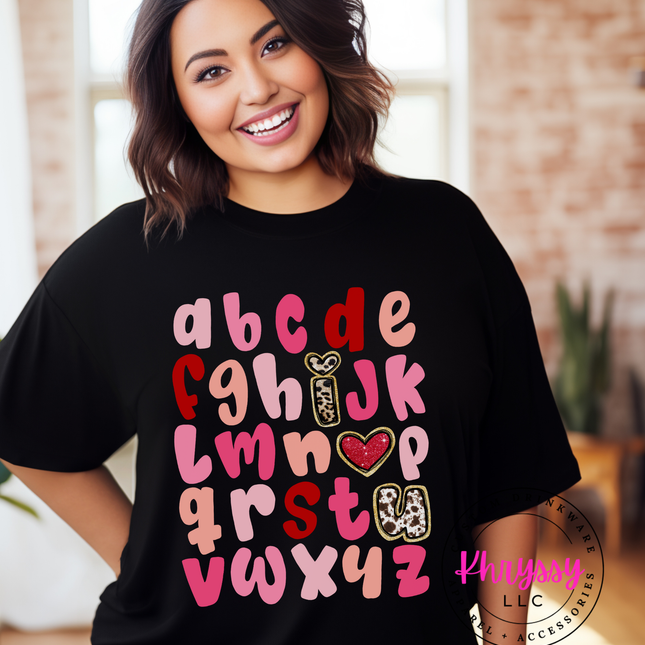 I Heart U Alphabet Sweatshirt - Valentine's Day Shirt - Pink Red Letter Graphic Crewneck