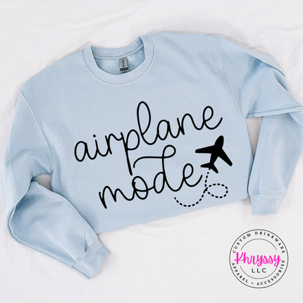Light Blue crewneck sweatshirt featuring a black airplane mode travel script design.