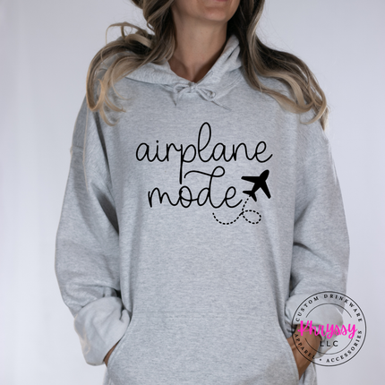 Ash pullover hoodie with a black airplane mode script and airplane graphic.