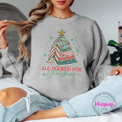 Sport Gray crewneck sweatshirt showing a tree of open books wrapped in Christmas lights.