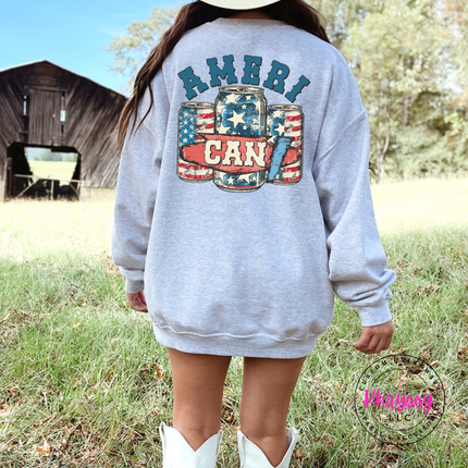 Ash crewneck sweatshirt with a vintage Ameri-Can beer-can graphic across the back.