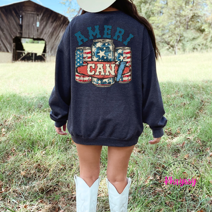Dark Heather crewneck sweatshirt featuring a distressed patriotic beer-can back print.