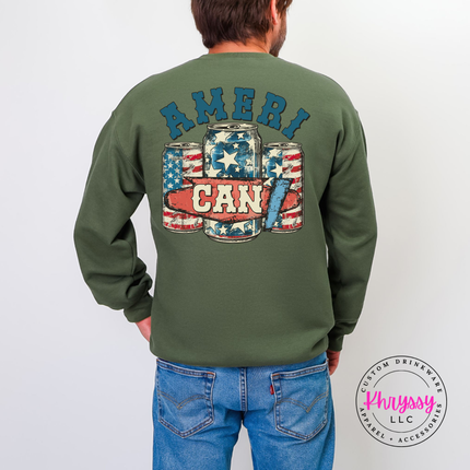 Military Green crewneck sweatshirt with a faded Ameri-Can flag beer-can back design.