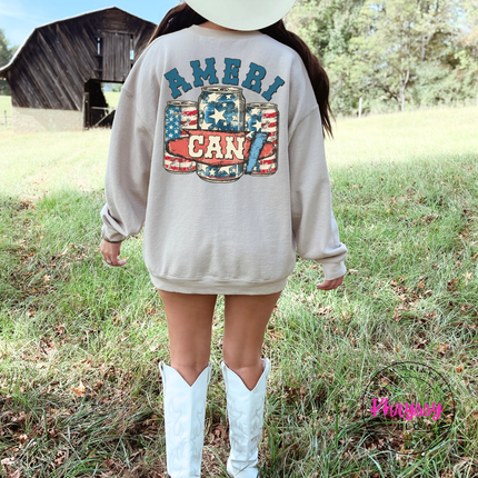 Sand crewneck sweatshirt displaying a vintage patriotic beer-can back print.