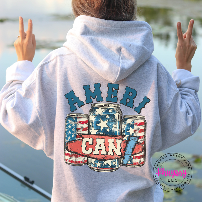 Ash pullover hoodie with a vintage Ameri-Can beer-can graphic across the back.