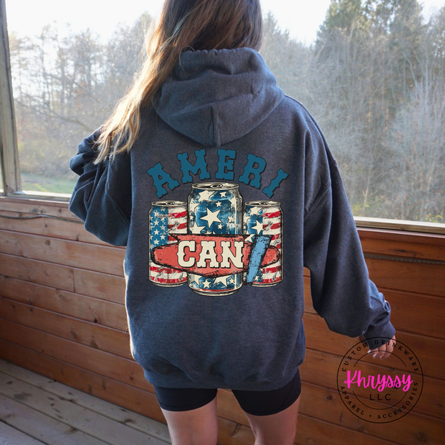 Dark Heather pullover hoodie featuring a distressed patriotic beer-can back print.