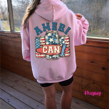 Light Pink pullover hoodie showing a retro Americana beer-can back graphic.
