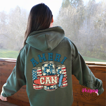 Military Green pullover hoodie with a faded Ameri-Can flag beer-can back design.