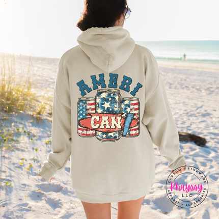 Sand pullover hoodie displaying a vintage patriotic beer-can back print.