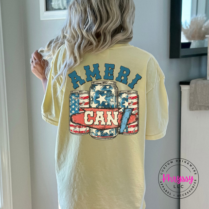 Butter garment-dyed tee with a vintage Ameri-Can beer-can graphic across the back.