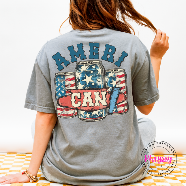 Granite garment-dyed tee featuring a distressed patriotic beer-can back print.