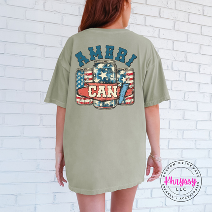 Khaki garment-dyed tee showing a retro Americana beer-can graphic on the back.