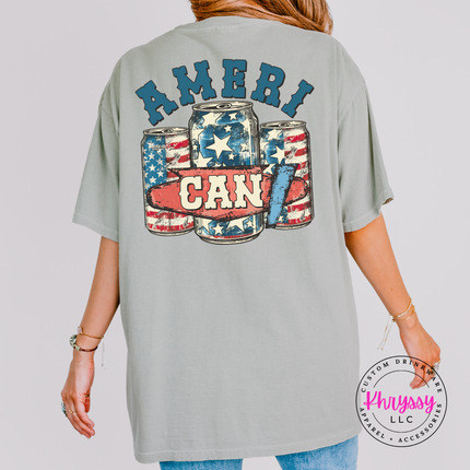 Sandstone garment-dyed tee with a faded Ameri-Can flag beer-can back design.