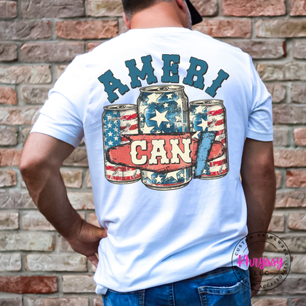 White garment-dyed tee displaying a vintage patriotic beer-can back graphic.