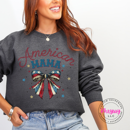 Dark Heather crewneck sweatshirt featuring a vintage American Mama flag bow and stars.