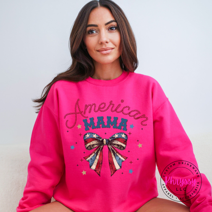 Heliconia crewneck sweatshirt showing a red and navy American Mama flag-bow design.