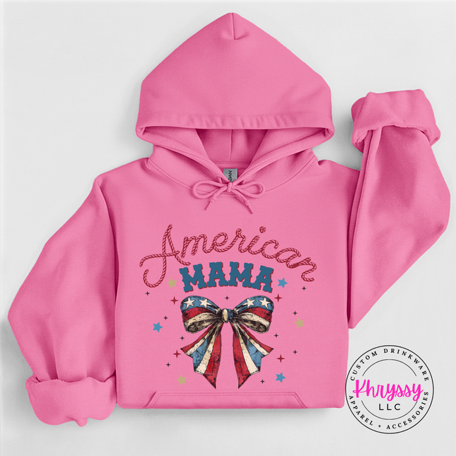 Azalea pullover hoodie featuring a vintage American Mama flag bow and stars.