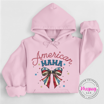 Light Pink pullover hoodie with an American Mama script and patriotic flag bow.