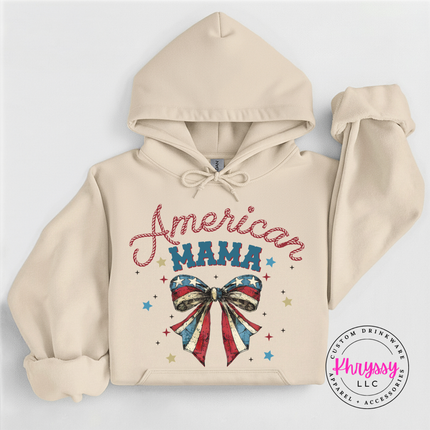 Sand pullover hoodie displaying a vintage patriotic American Mama bow graphic.