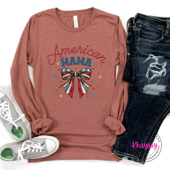 Heather Mauve long sleeve tee with a patriotic American Mama flag-bow graphic.