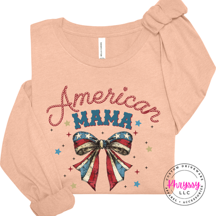 Heather Peach long sleeve tee featuring a vintage American Mama flag bow and stars.