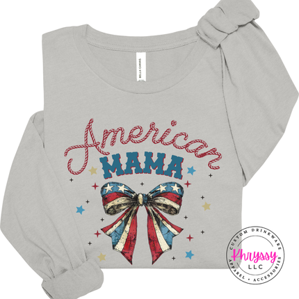 Silver long sleeve tee displaying a vintage patriotic American Mama bow graphic.