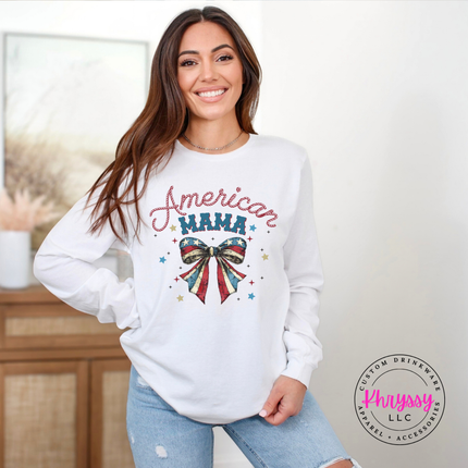 White long sleeve tee showing a red and navy American Mama flag-bow design.