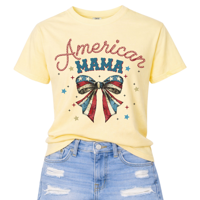 Butter garment-dyed tee featuring a vintage American Mama flag bow and stars.