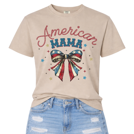 Sandstone garment-dyed tee with an American Mama script and patriotic flag bow.